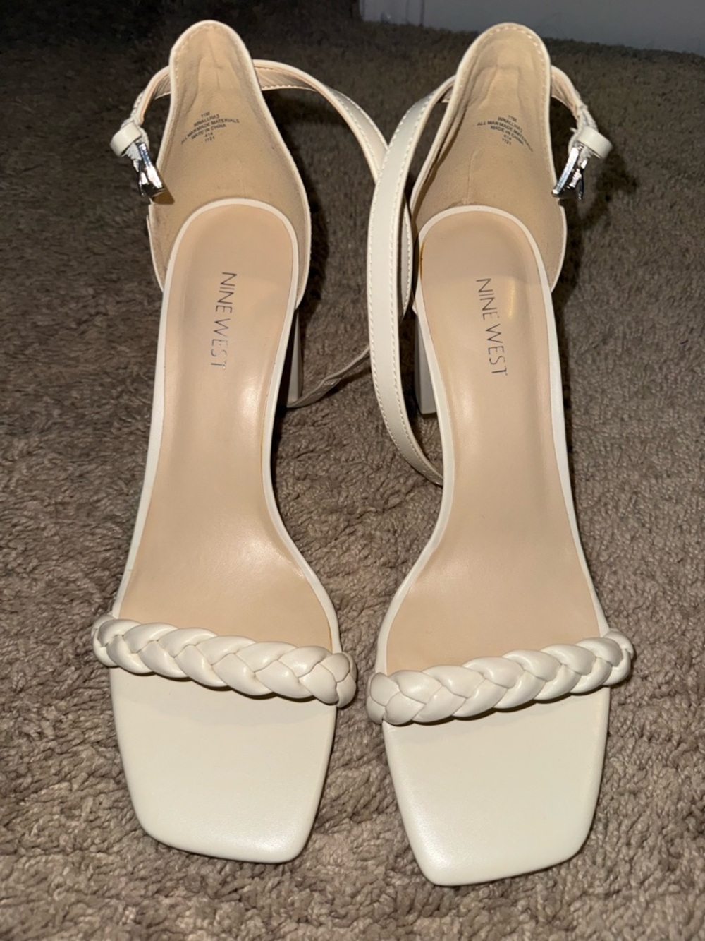 Cream Braided-Strap Square Toe Block Heels